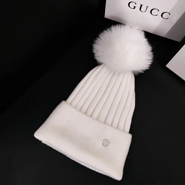 For women Cotton Kintted M Letter Fox Fur Pompom hat Winter Warm  beanie hat Pure white