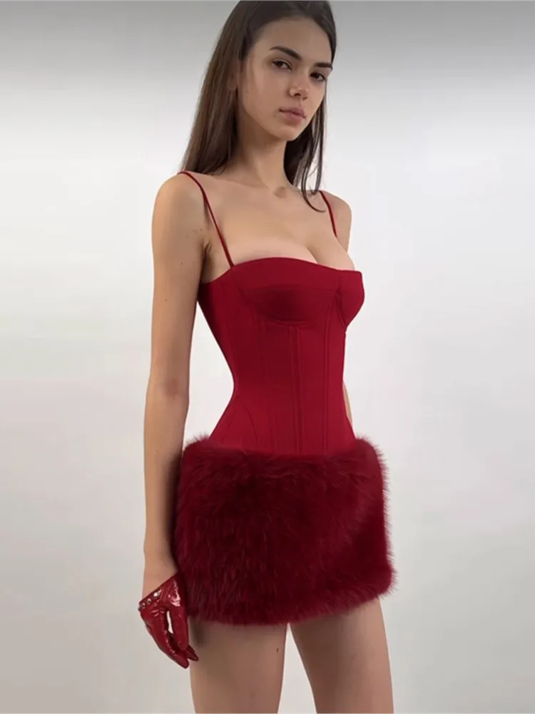 Robe Courte Moulante Tendance pour Femme, Style Sexy, à Bretelles Fines, avec Patchwork en Peluche et Décolleté Plongeant, Streetwear Mode