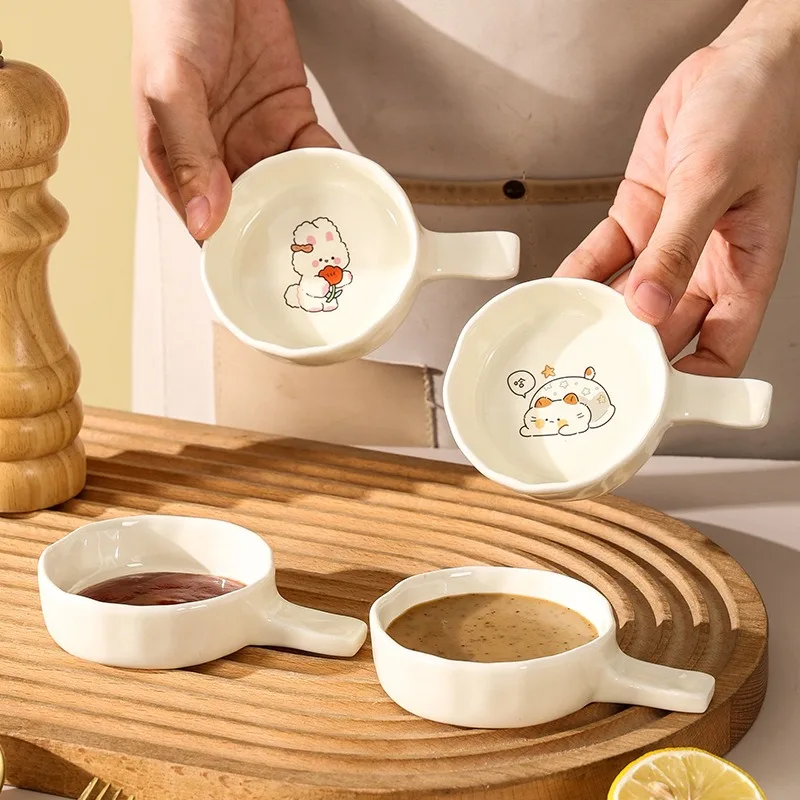 Korean Cartoon Flower-shaped Ceramics Seasoning Dish Creative Cream-colored Handle Sauce Dish Vinegar Mustard Small Plate