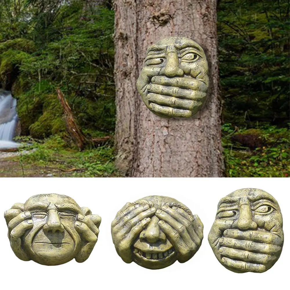 Funny Resin Garden Tree Decoration Don't listen Don't say Ugly Face Figurine Don't look Photo Props Tree Face Statues