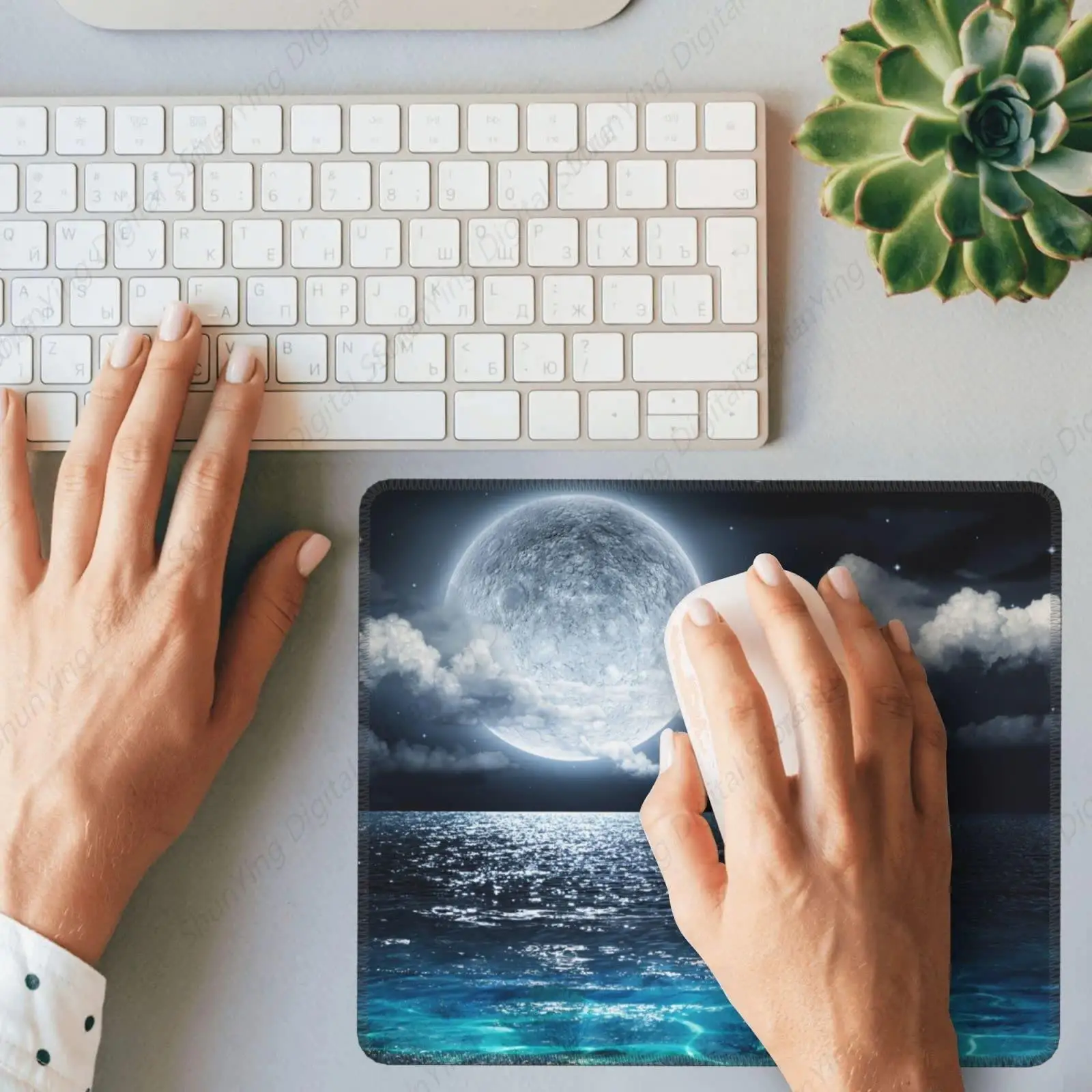 Moon Ocean Printed Gaming Mouse Pad Square Waterproof And Anti Slip Rubber Office Laptop Landscape Mouse Pad 8.6 X 7 Inch