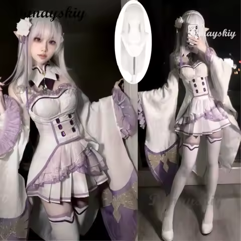 Re Zero Kara Hajimeru Isekai Seikatsu Emilia Cosplay Costumes Wig Women Anime Wig Dress Headdress Halloween Party Clothing