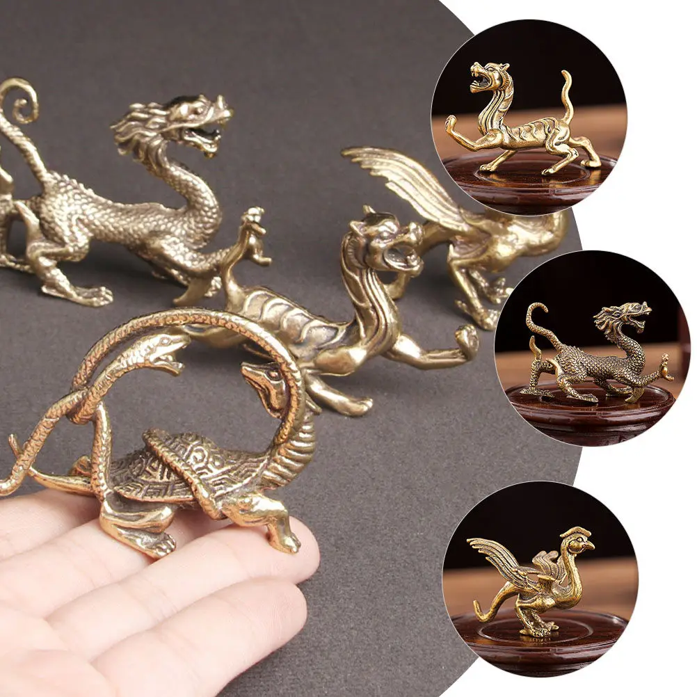 Brass Animal Statues 4 Piece Set Vintage Mythical Creature Figurines for Home Office Garden Shelf Decor