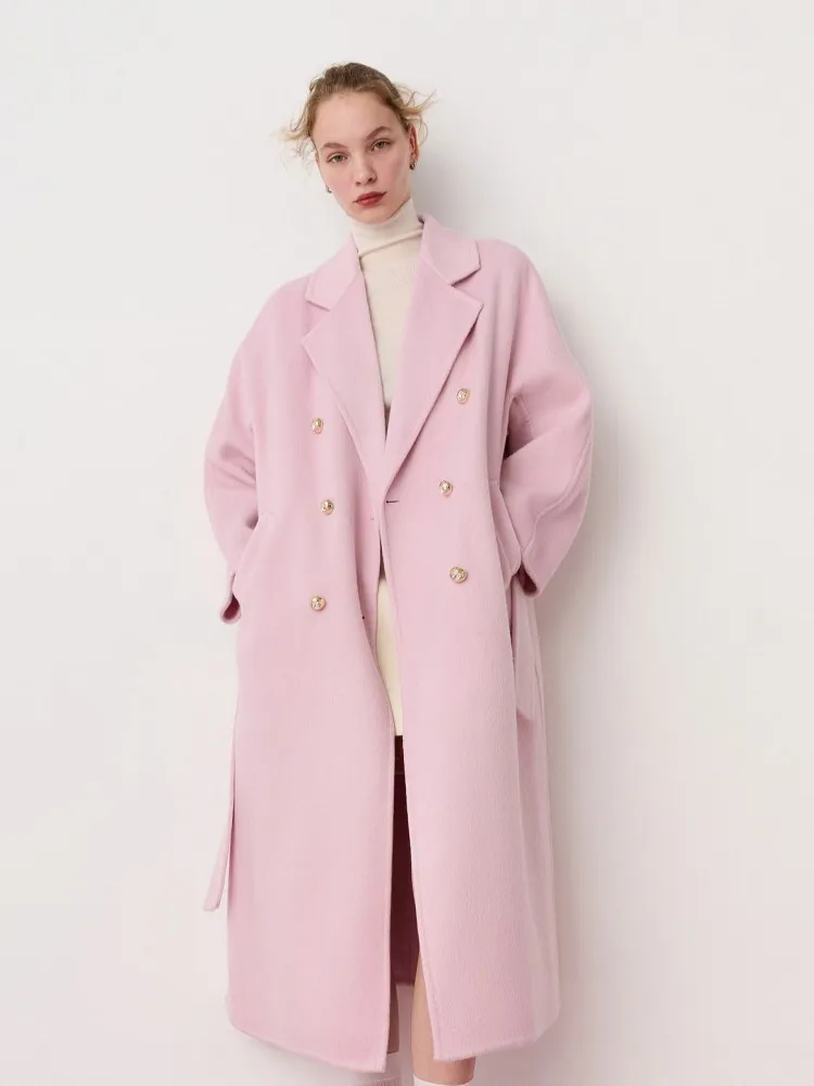 Elegant Women Turndown Collar Double Breasted Woolen Coat Autumn Winter Straight Mid Long Jacket Casual Office Lady New Overcoat