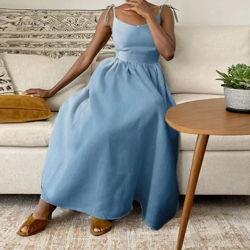 Summer Women's Elegant Backless Forest Style Dress Sexy V-neck High Waisted Sleeveless Dresses For Women