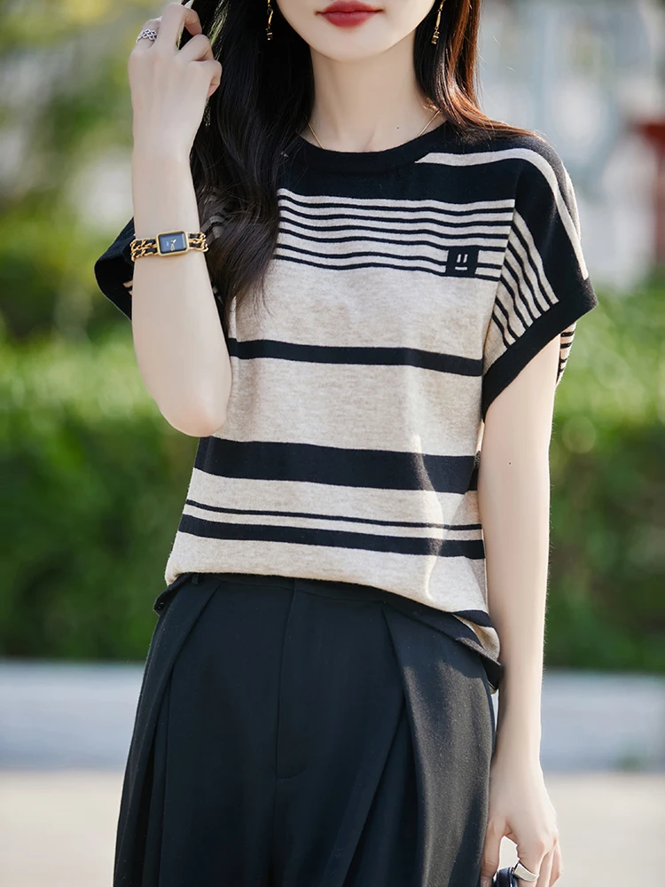 Summer Stripe Ice Silk Short Sleeve T-Shirt Women's Loose Thin Large Size Upper Body Trendy Commute Style Moisture Wicking