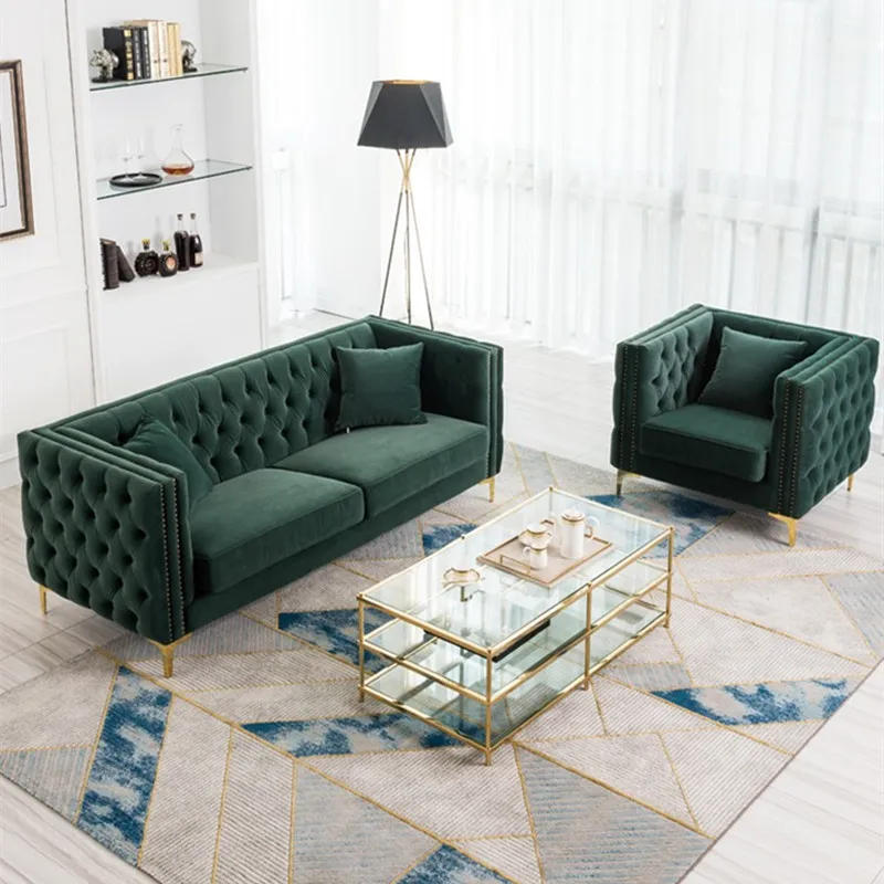 

Modern Simple and Light Luxury Pull Buckle Dark Green Nordic Small Apartment Living Room Double Three-Seat Complete Set