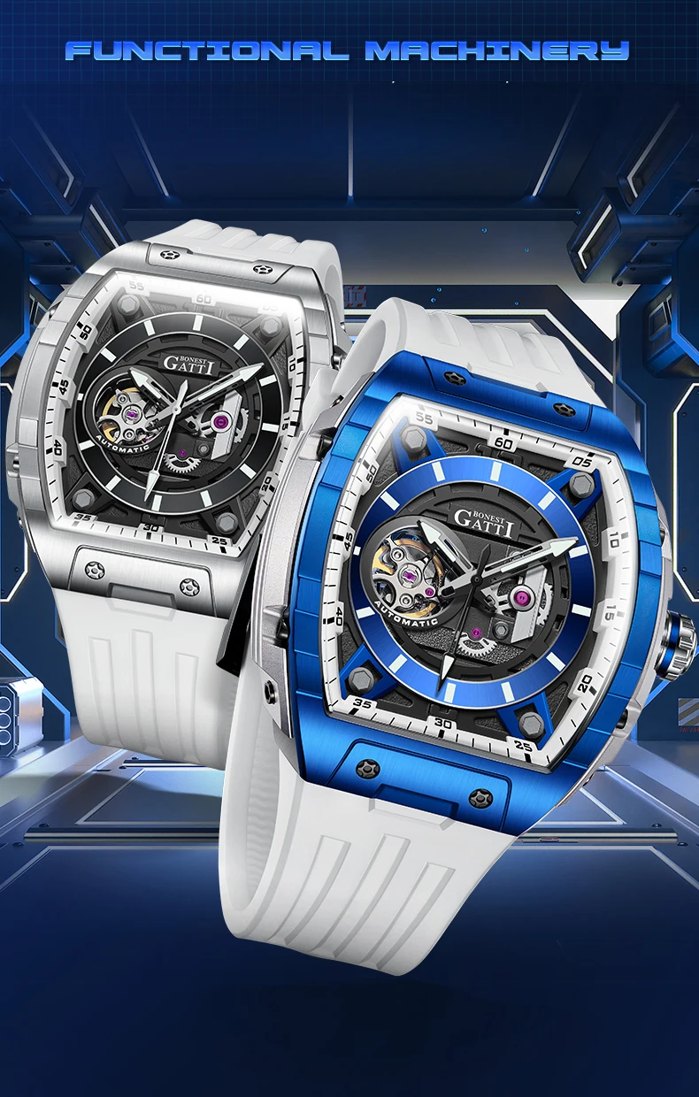 BONEST GATTI ساعة أوتوماتيكية للرجال 46 مللي متر * 51 مللي متر Tonneau ساعة يد ميكانيكية الياقوت مضيئة الهيكل العظمي الهاتفي حزام مطاط الفلور