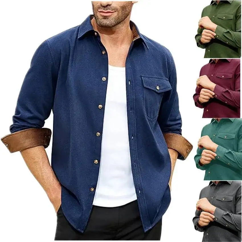 

Solid Color Long Sleeve Male Basic Shirt, Spring Autumn Causal Men's Shirts, Lapel Collar Business Shirts For Man