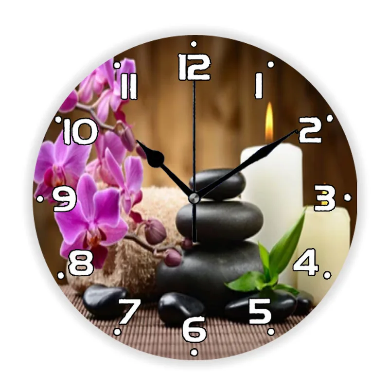 Zen Basalt Stones and Bamboo Candle Round Wall Clock Watch for Spa Massage Room Relax Treatment Meditation Wall Art Home Decor