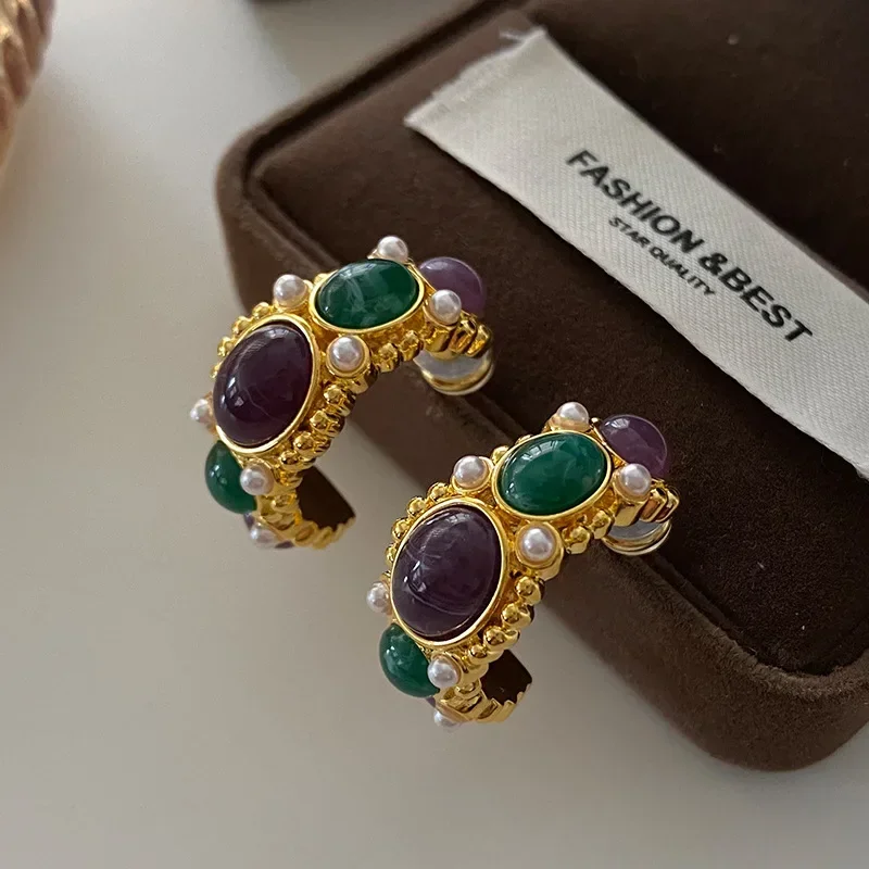 

Palace Vintage Glass Natural Stone Hoop Earrings Women Jewelry Punk Party T Show Runway Designer Club Japan Korean