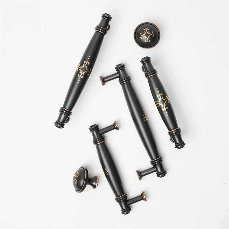 American Oil Rubbed Black Ceramic Pulls, Golden Floral Wardrobe Dresser Cabinet Drawer Handles