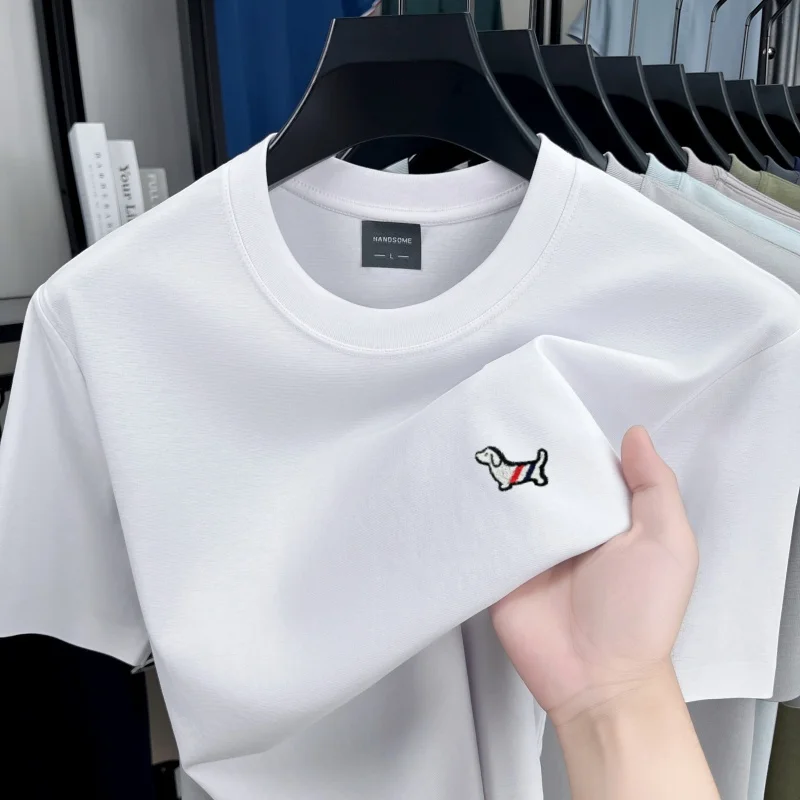 Light luxury men short sleeve T-shirt high-end brand summer ice silk cotton youth Korean style puppy embroidered round neck top