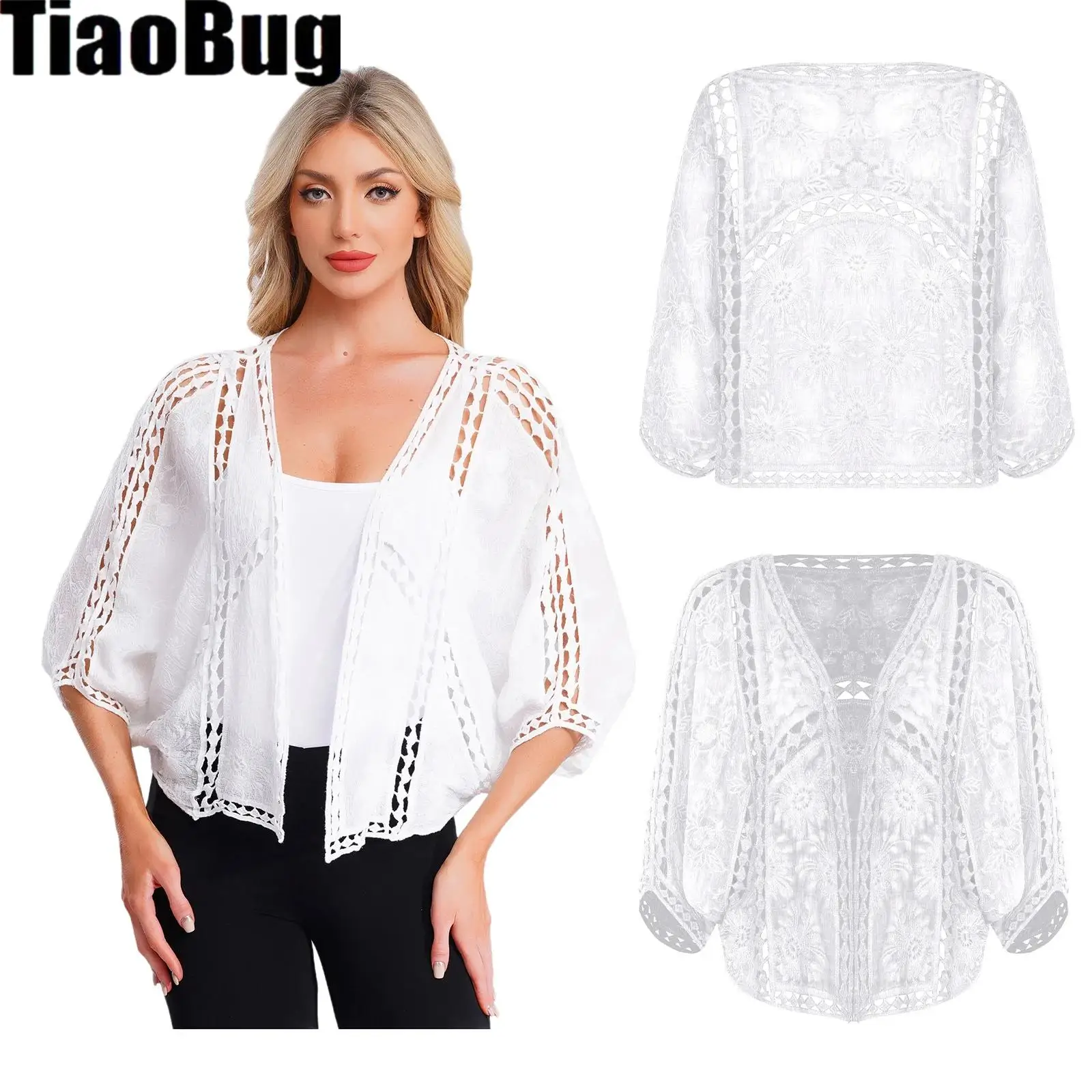 

Womens Open Front Cardigan Batwing Sleeve 3/4 Sleeve Embroidery Style Hollow Out Bolero Cropped Shrugs for Vacation Office