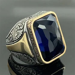 Delicate Square Geometry Grave Gold Silver Color Blue Stone Rings for Men Party Jewelry Gift