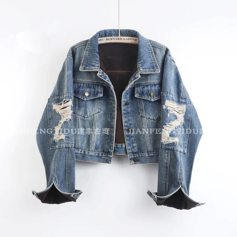 Fashion Frayed Burrs Hole Denim Jacket Autumn Winter New Women Casual Lapel Long Sleeve Female Thicken Warm Jeans Jacket Coat