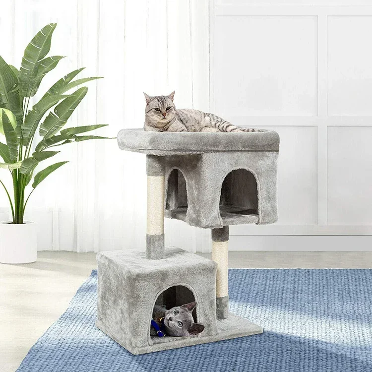 Hot salesScratching Climbing Sleeping Spacious Kittens Pet Play House Furniture 2 Levels Cat Activity Tree With 2 Cozy Plush Con