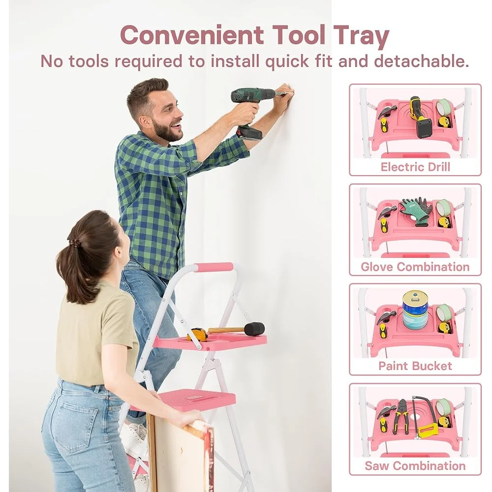 400lbs Max Load 4-Step Folding Ladder Tool Tray Anti-Slip Pedals Portable Lightweight Steel Step Stool Compact Design