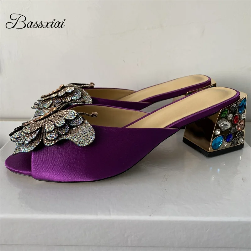 

Colorful Rhinestone Flower Sandals Women Diamond Square Heel Slingbacks Luxury Satin Sequins Summer Mules For Girls