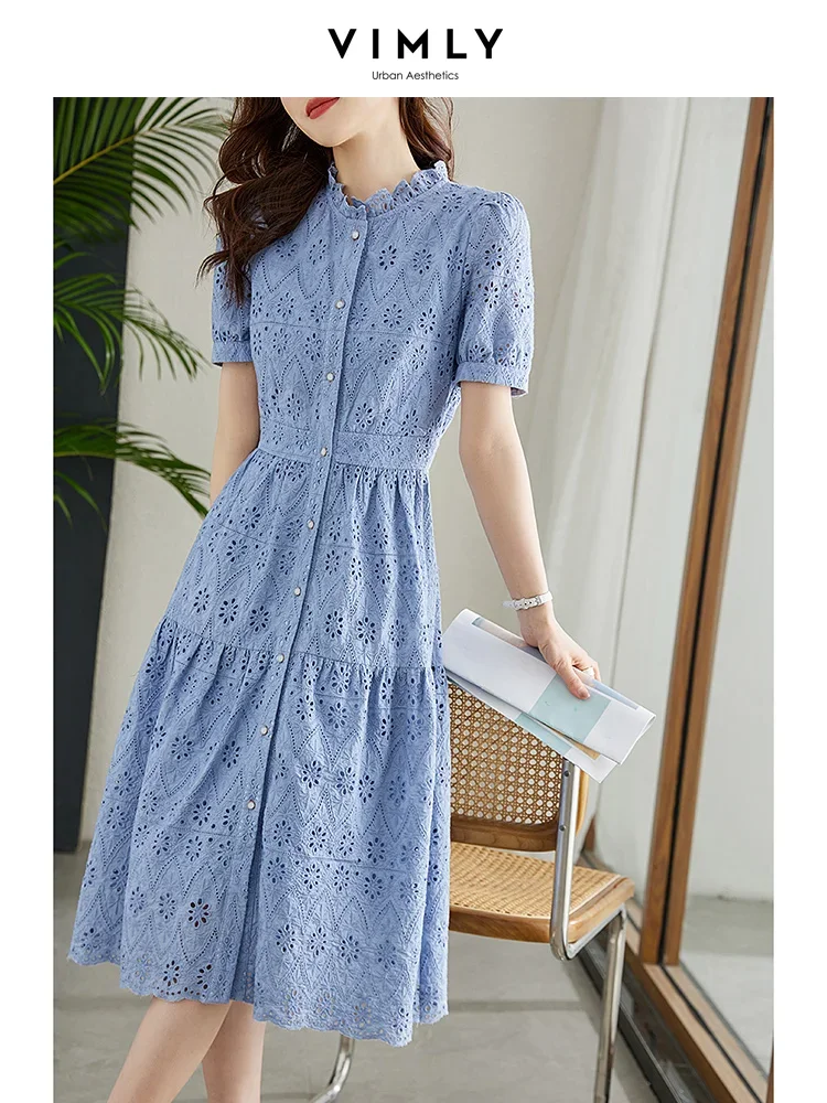 Vimly Cotton Tiered Midi Dress for Women 2023 Elegant Ruffled Eyelet Embroidery Lace Short Sleeve A-line Blue Summer Dresses