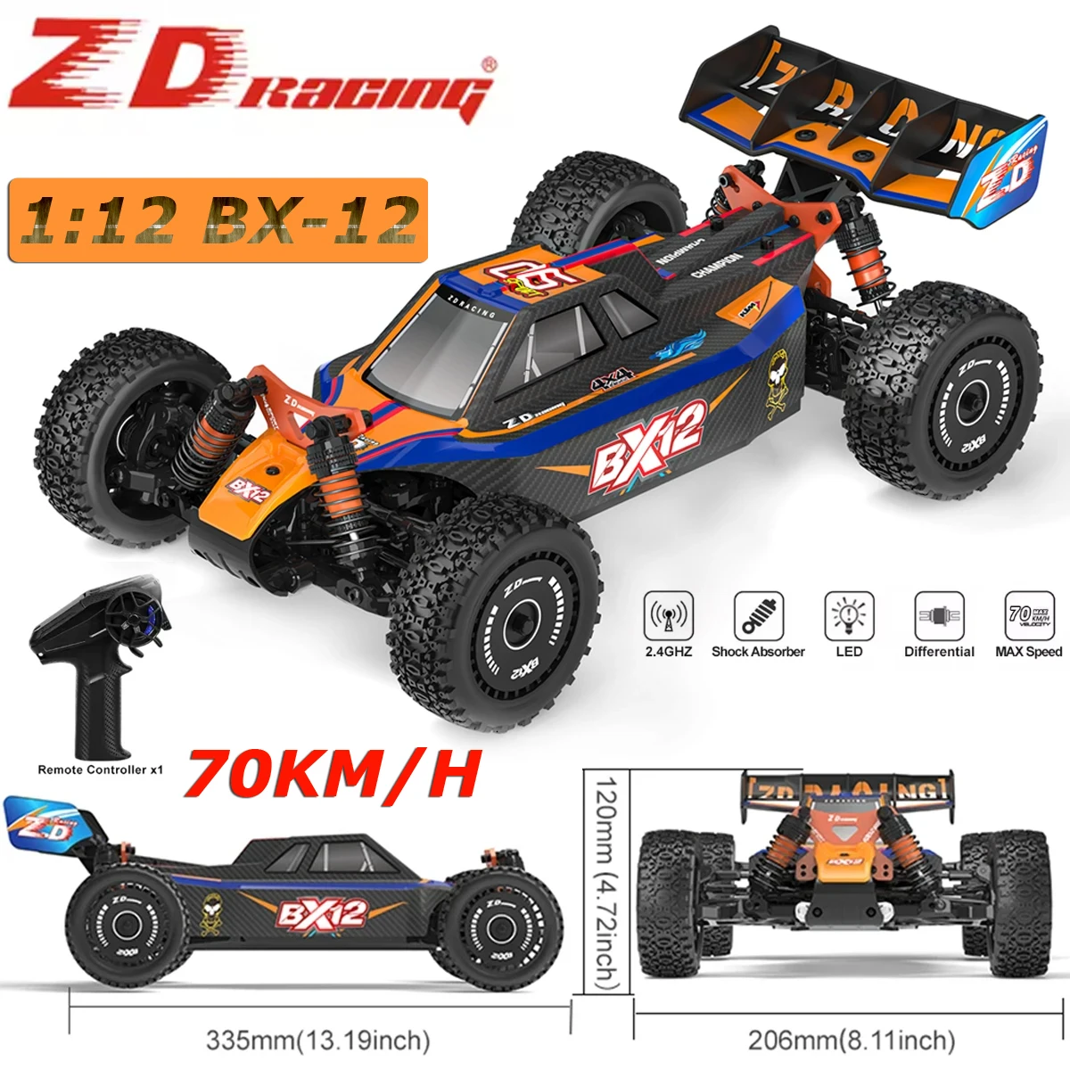 ZD Racing BX12 RC Racing Buggy Car BX-12 1/12 4WD 2.4GHz 4CH 70KM/H Remote Control Racing Buggy Vehicle for Adult Children's Toy