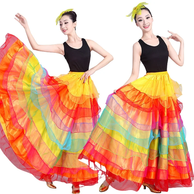 Women's Stage Clothing Bamei Satin Loose Fit Patchwork Color Folds Half Skirt Opening Dance Big Swing Dress Performance Costume