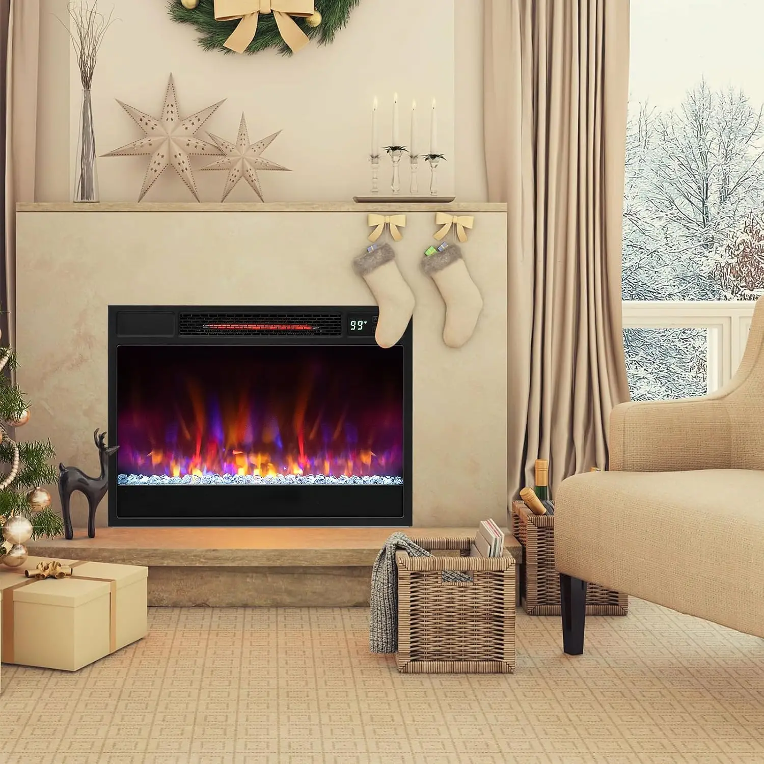 Electric Fireplace Inserts 23-inch Wide 1500W Recessed Fireplace Insert with Remote Control 6 Flame Colors 5 Brightness