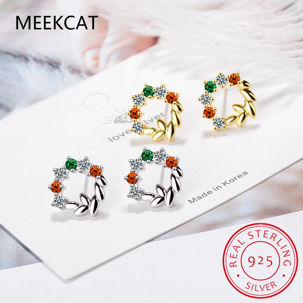 Leaves Green Nano Emerald Red Garnet Ruby 925 Sterling Silver Circle Stud Earring for Women Statement Colorful Gemstone Jewelry