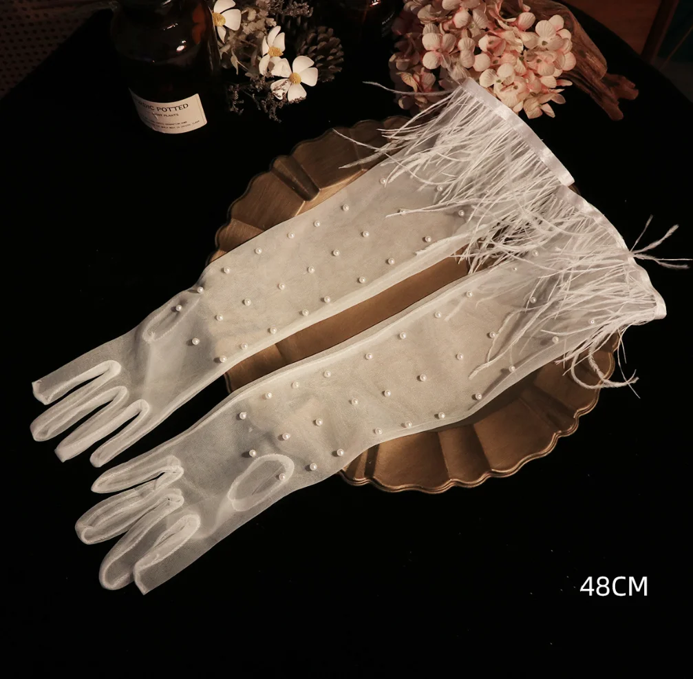 

Elegant Long Gloves For Wedding Transparents Pearl Tulle Mesh Elbow Full Finger Mittens Flower White Lace Bride Gloves For Women