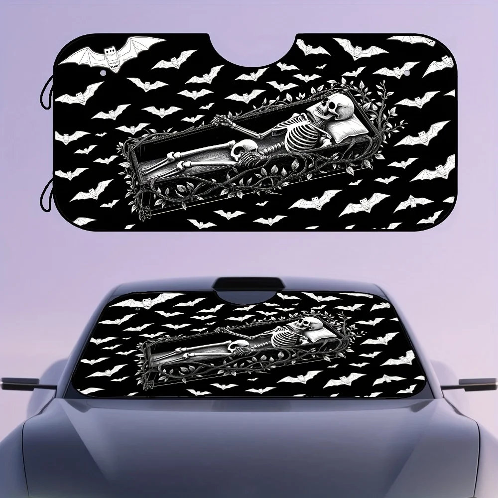 

One Piece Of 2D Flat Printing, A Halloween Car Visor Shade Featuring Gothic Skeletons, Bats, And Coffin Artwork, Designed As A F