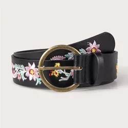 New Flower Embroidery Circular Buckle National Wind Belt Women's All-match Jeans Accessories Luxury Design Fashion Retro Belt