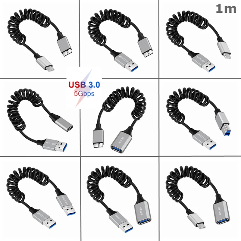 High Speed Coiled Cable 5Gbps USB 3.0 Type A Type B Type C Micro B Male Female OTG Spring Cable