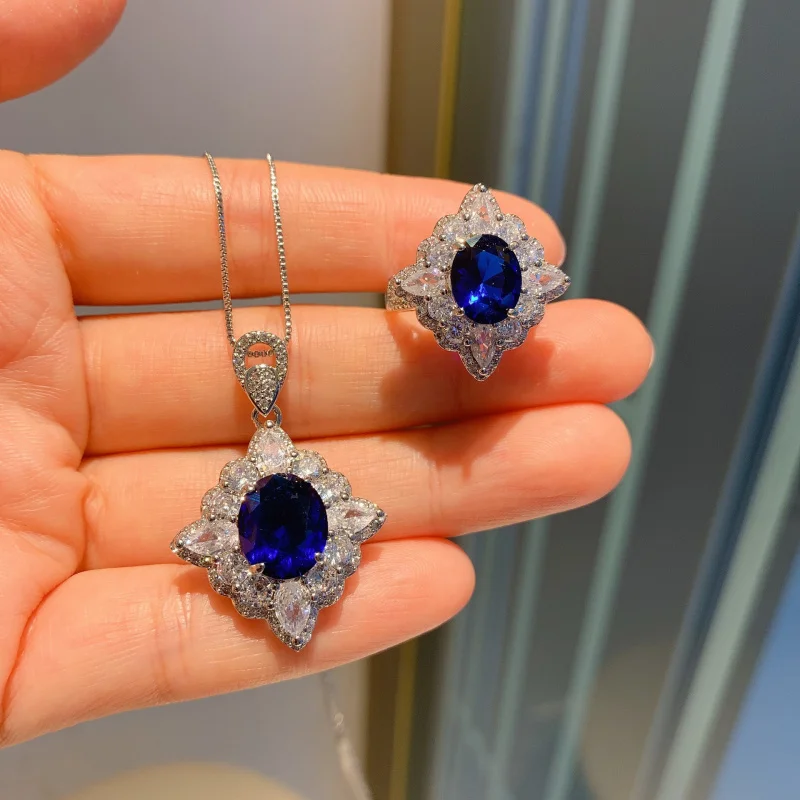 Jewelry European and American Trend Blue Glass Pendant Necklace Ring Set Pendant 10*12 Ring 8*10
