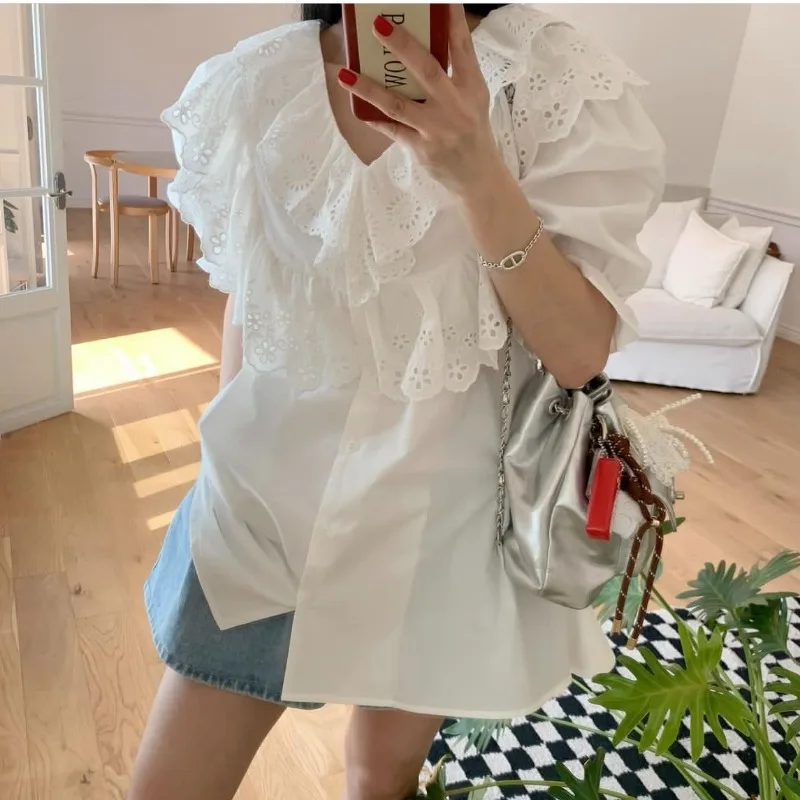 Patchwprk Lace Shirts & Blouses V-neck 2024 Woman Blusas Single Breasted Camisas Short Sleeve Ropa Mujer Summer Swweet Tops