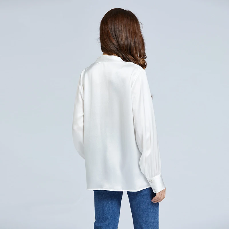 19 Momme V-Neck Long Sleeve Silk Blouse With Diamond Button