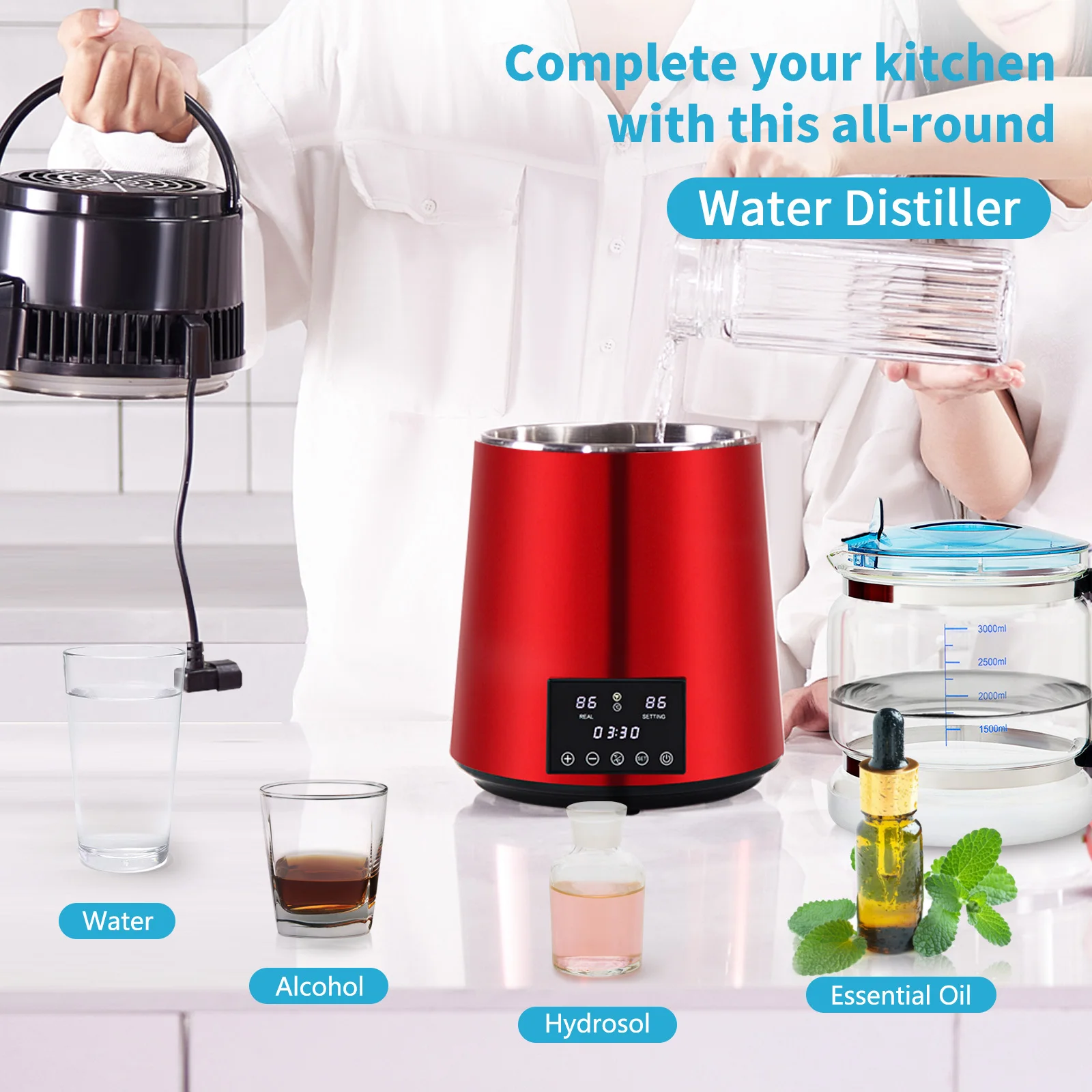 SucceBuy 1.1Gal جهاز تقطير المياه 0.3Gal/H 750W آلة صنع المياه المقطرة 0-99H توقيت عرض درجة الحرارة المزدوجة 304 الفولاذ المقاوم للصدأ