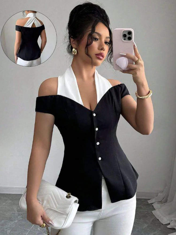 Women's Black White Contrast Off-Shoulder Top Halter Neckline Button Front Ideal for Evening Events Fashion-forward Outings