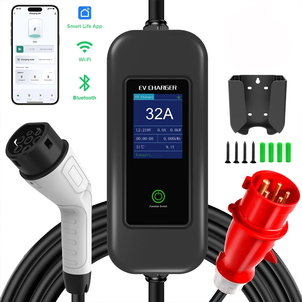 

Портативное зарядное устройство Type-2 32А 22кВт 5М CEE, 3-фазный кабель для быстрой зарядки электромобилей, вилка CEE EU, настенный зарядный блок для электромобилей с сумкой и настенным кронштейном