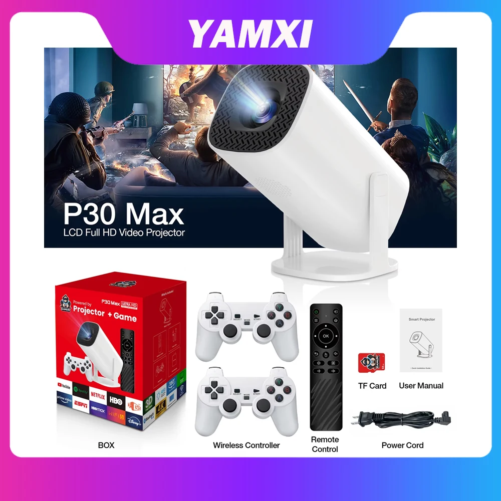 P30 Max Spielkonsolenprojektor 1280 * 720P Android OS 11.0 mit 160 ANSI Unterstützt GBA PSP PS1 N64 NEOGEO NES SFC-Simulator mit TF