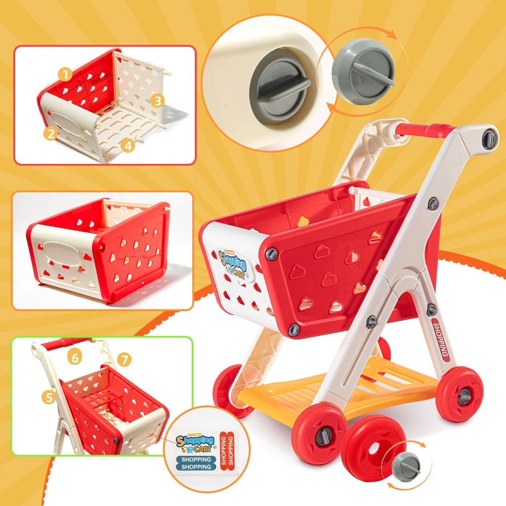 WizKidz Kids Shopping Cart Toy Grocery Trolley With Pretend Play Food Set Supermarket Playset Accessories For Toddlers Aged 3+