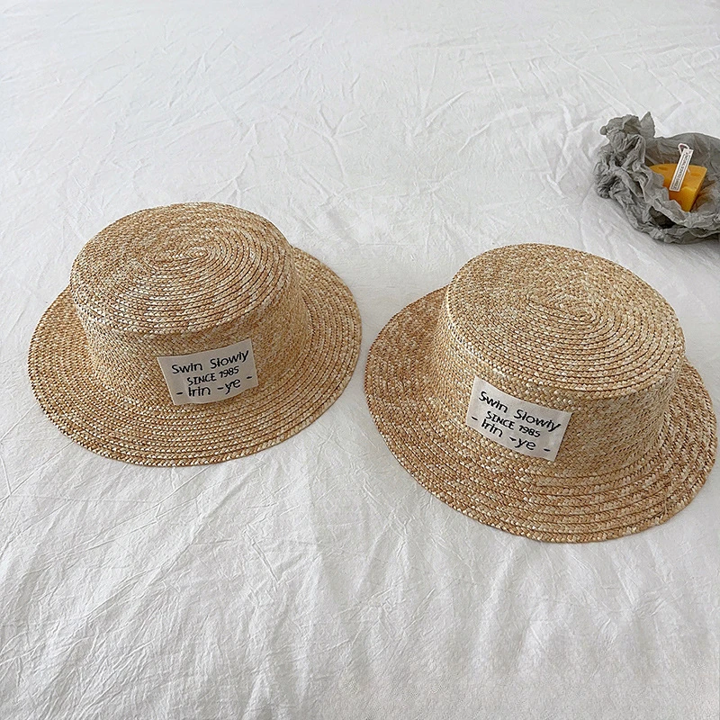 2025 Summer Baby Straw Hat with Big Label Kids Panama Caps Boys Girls Baby Sun Hat Sun Protection Vacation Beach Cap