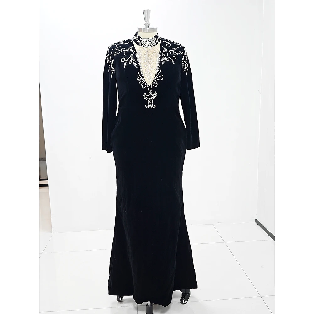 Black Appliques High Neck Evening Dress Long Sleeve Floor Length Velvet Prom Dresses Special Occasion Luxury Female Vestidos