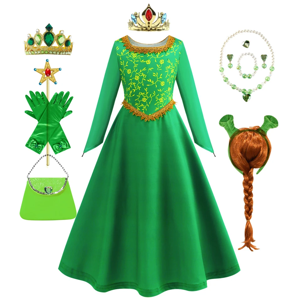 Fiona Costume Kids Princess Green Fancy Dress Shrek Costume Halloween Fantasy Party Suit Role Play for Girls