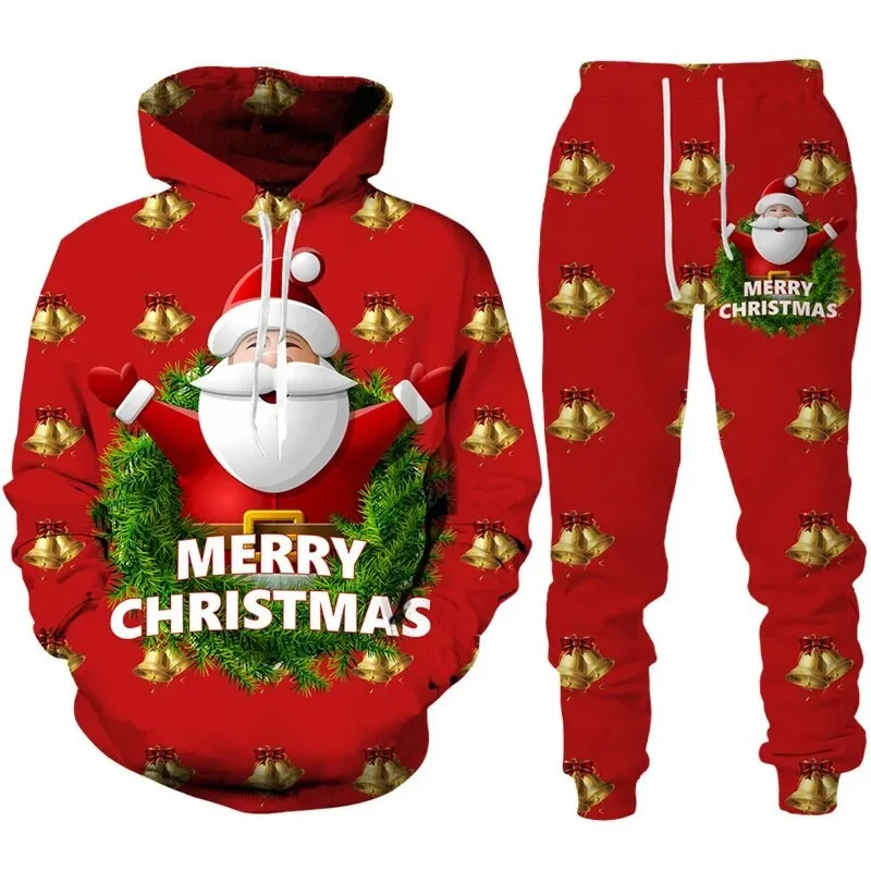 New Year Fashion Christmas Hooded For Men Men\'s Sweatshirts Pants Set Funny 3D Print Holiday Party Harajuku Street Tracksuit