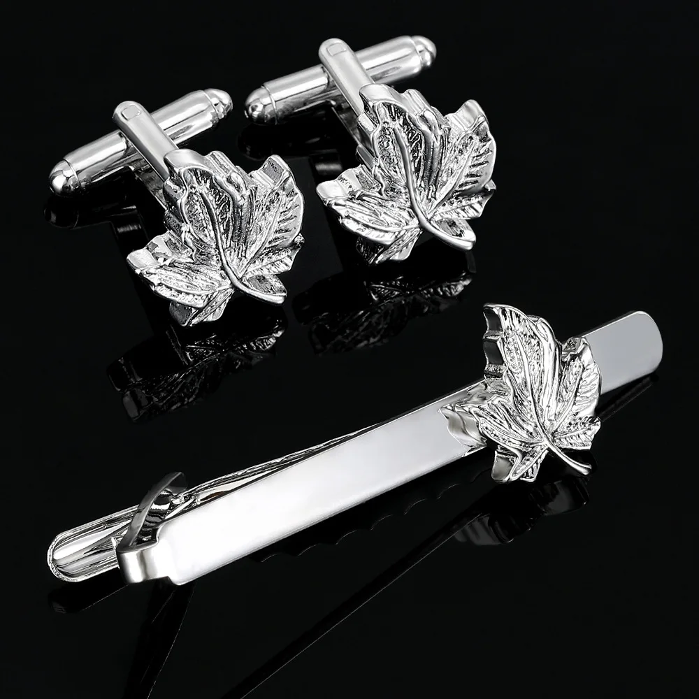 Conjunto de Elegantes Gemelos de Hoja de Arce Plateada para Hombre, Accesorios de Negocios para Camisa Francesa y Pajarita