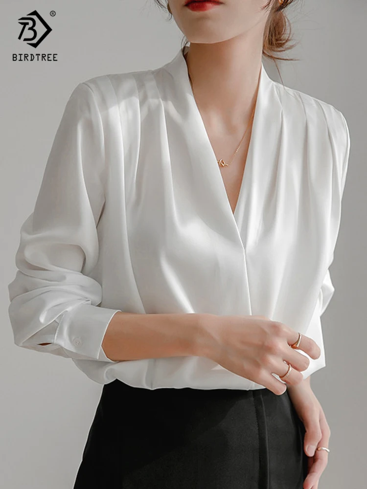 2022 Spring New Arrival Women Elegant Satin Blouse Lantern Sleeve V-Neck Office White Shirt Vintage Autumn Casual Tops T24402X