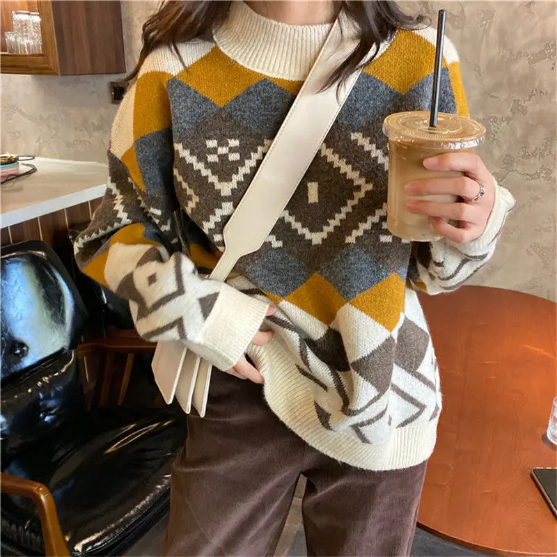 

Contrasting Color Diamond Grid Half High Collar Pullover Sweater for Women Autumn Winter Casual Street Knitted Top Women Clthing