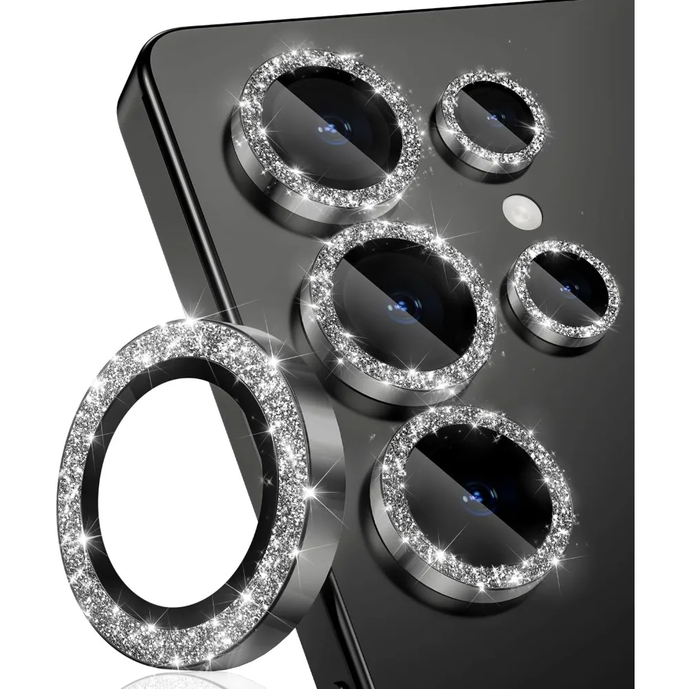 Protezione per obiettivo fotocamera con glitter in vetro temperato HD 9H per Samsung Galaxy S26 Ultra S25 Plus Anello protettivo per obiettivo in lega di alluminio