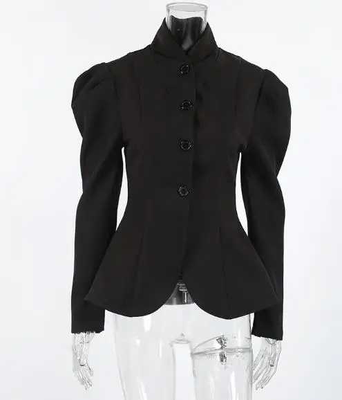 

Women's Elegant Retro Stand Up Collar Black Mini Suit with Commuter Style Bubble Sleeves and A Small Fragrant Style Jacket