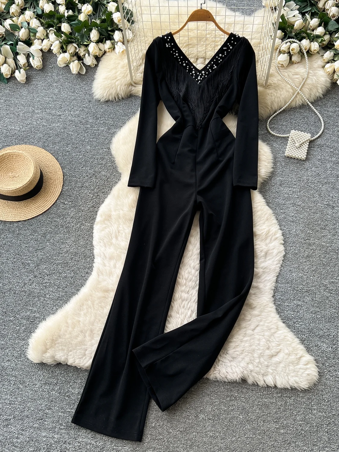 Black V-neck Beaded Fringe One-piece Pants High-waisted Slimming Commute Long Pants Unique Fashion Dress Women's Suit